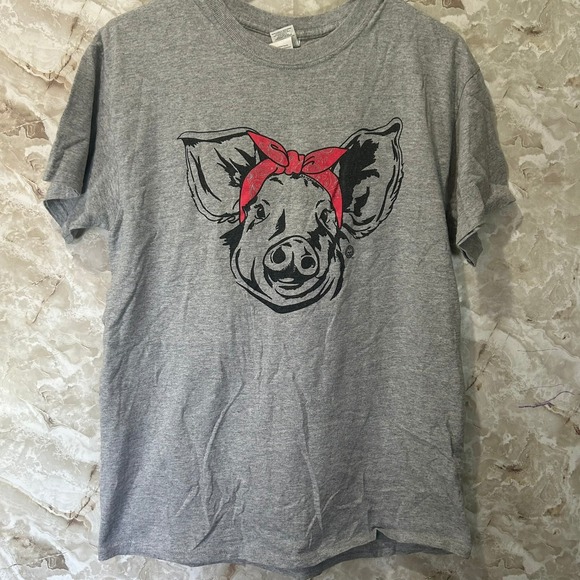 Girlie Girl Originals Pig Bandana Graphic T-Shirt Gildan Gray Medium - Picture 2 of 5